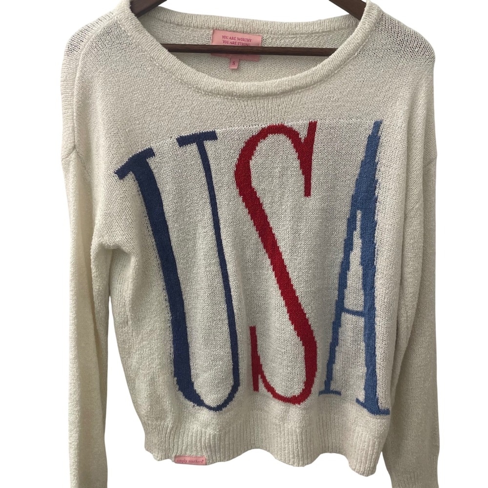 Simply Southern USA Patriotic Knit Sweater Womens Small Cream Red Blue Pullover